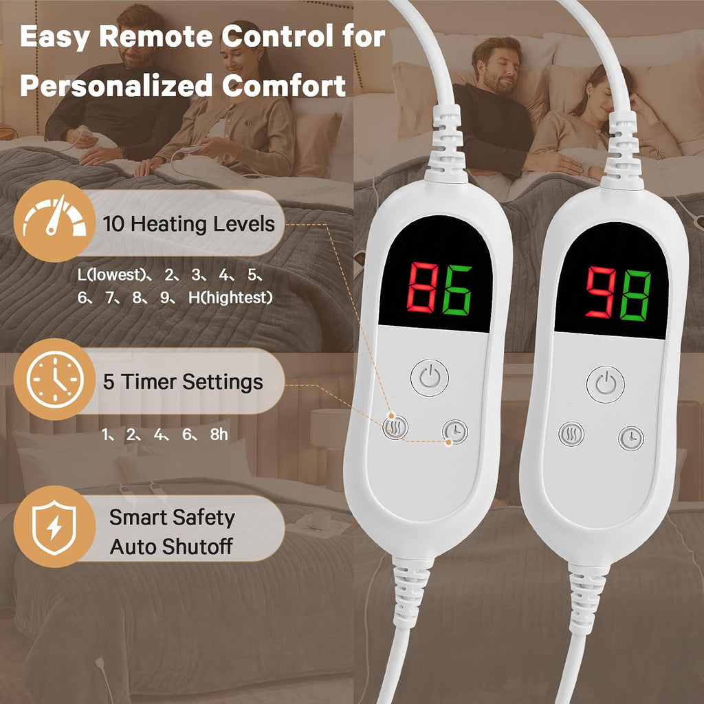 Heated Electric Blanket Queen Size, Dual Control 84" x 90“, Ash Gray