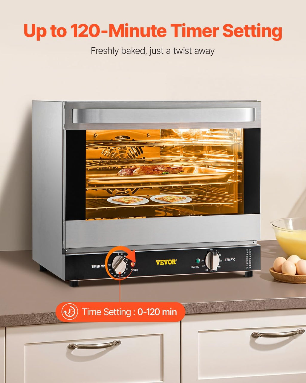 Commercial Convection Oven, 66L/60Qt, Half-Size Conventional Oven Countertop, 1800W 4-Tier Toaster w/Front Glass