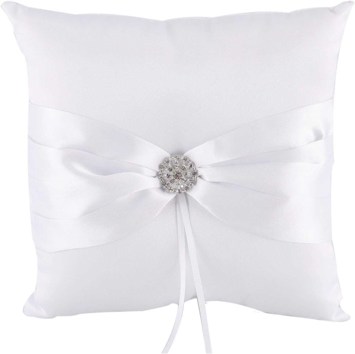 7.8" Satin Artificial Diamond Decoration Wedding Ring Bearer Pillow (White)