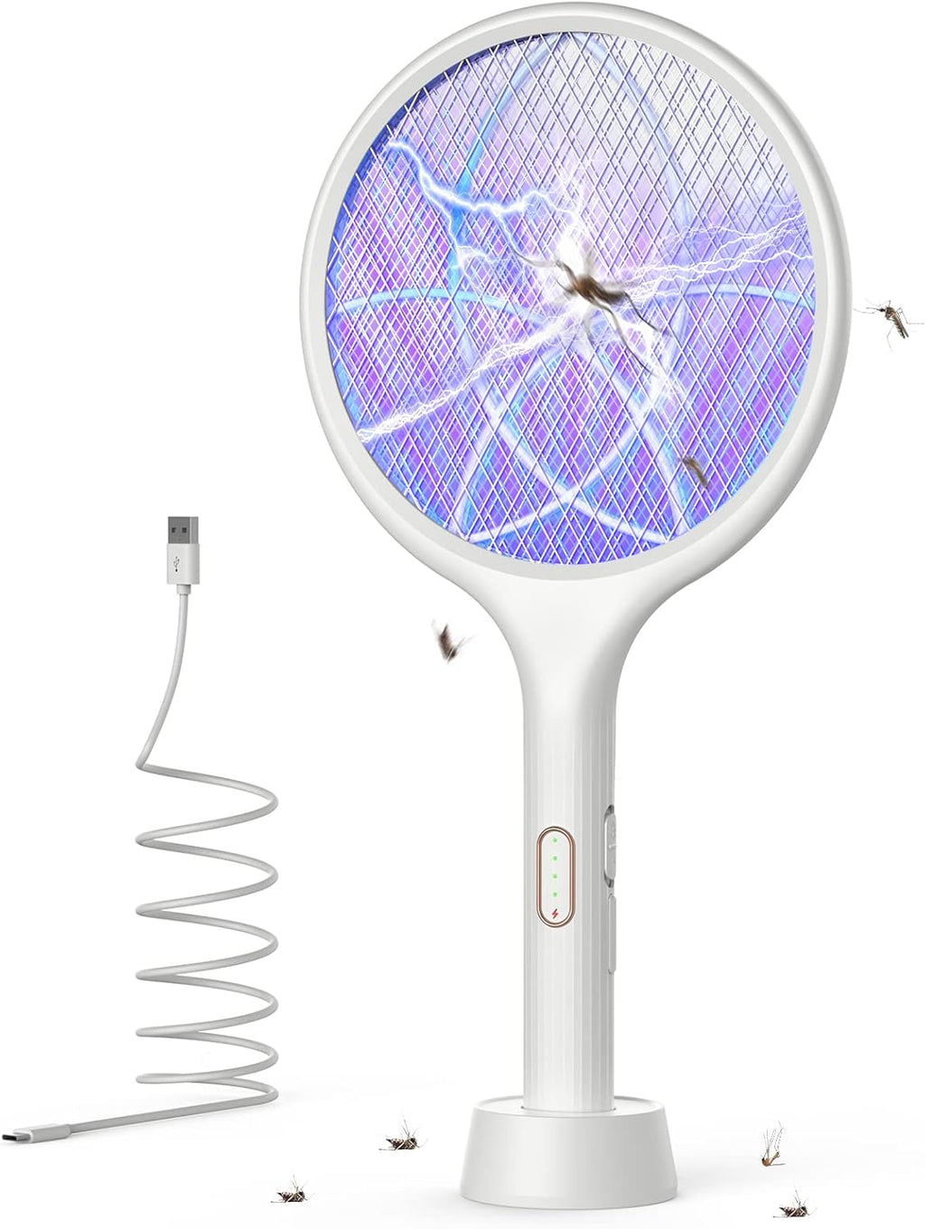 Electric Fly Swatter 4000V Bug Zapper Racket Dual Mode (1, White) | Auto Manual Mode, Purple Attractant Light