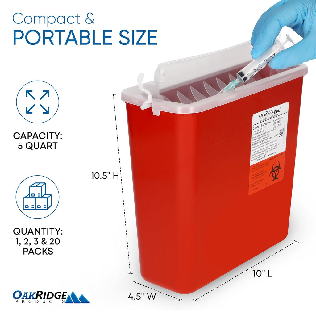 Sharps Container for Home Use and Professional 5 Quart (1-Pack), Biohazard Needle and Syringe Disposal, Horizontal