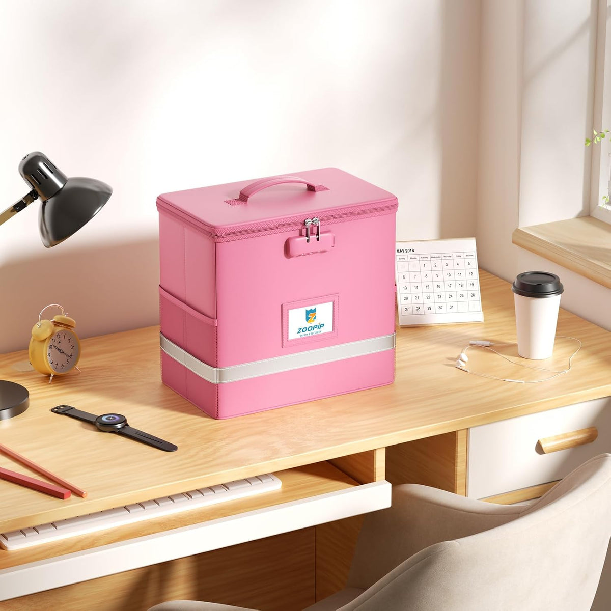 Fireproof File Box with Lock, Collapsible Document Organizer, Pink