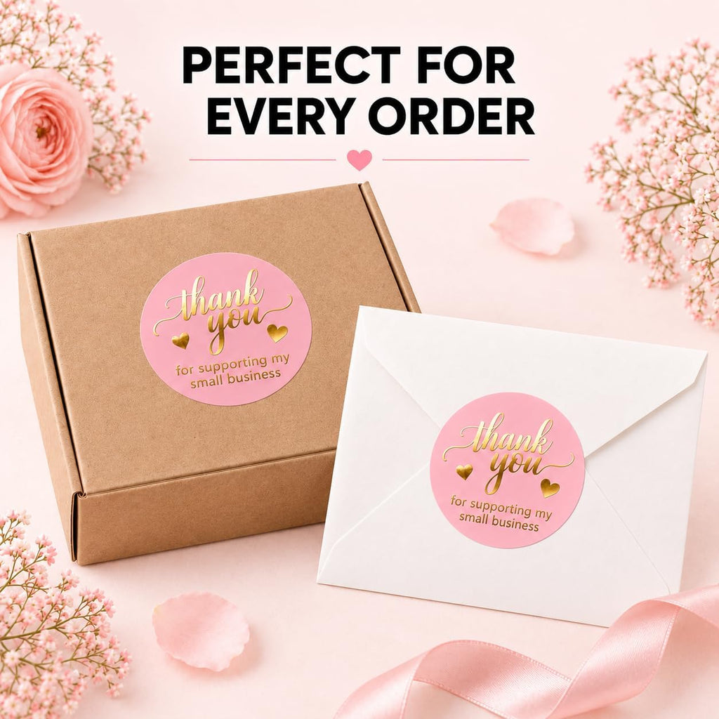 Pink Thank You Stickers, 500, 1.5” Round, Gold Foil