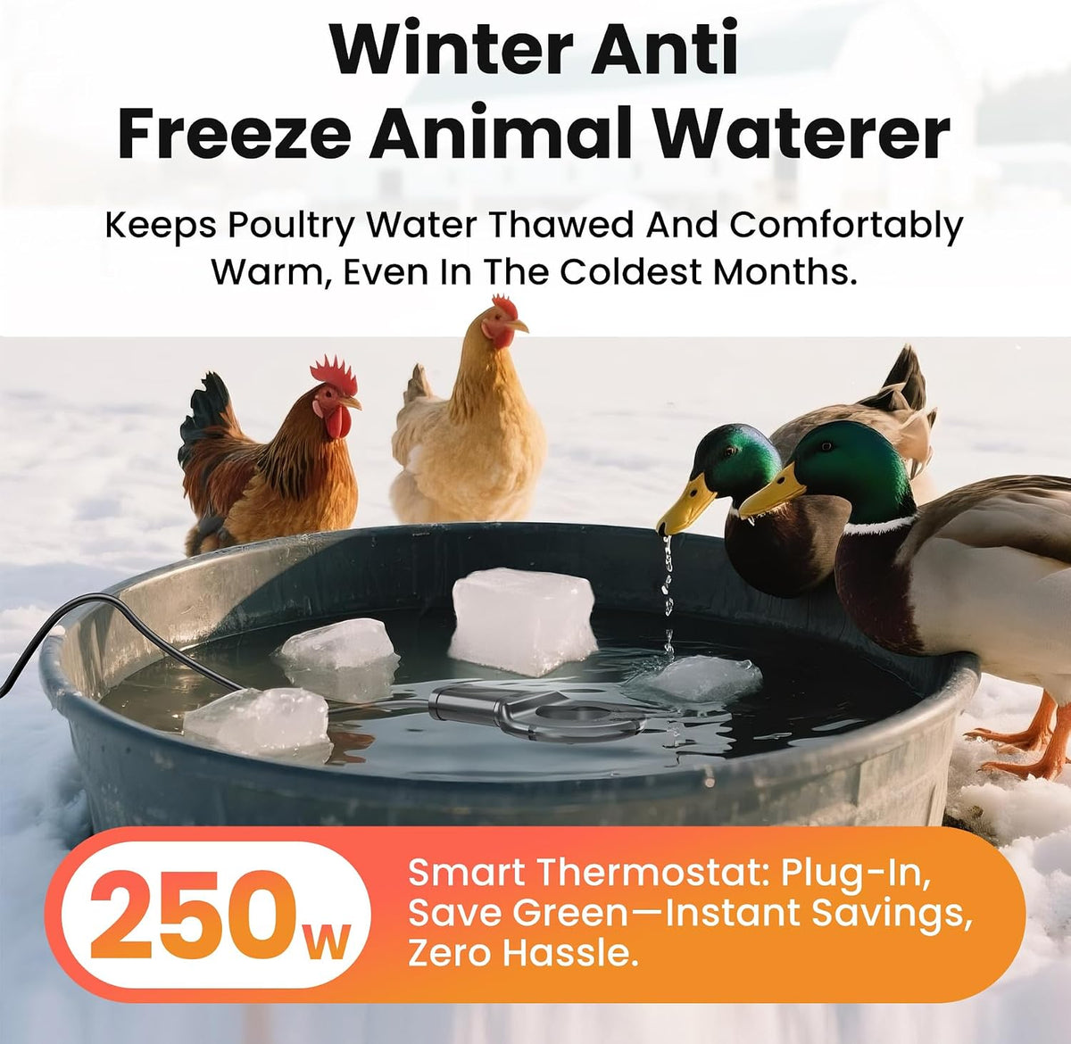 250W Submersible Cast Aluminum De-Icer – Thermostatic Chicken Water Heater for Livestock Tanks & Winter Bird Baths