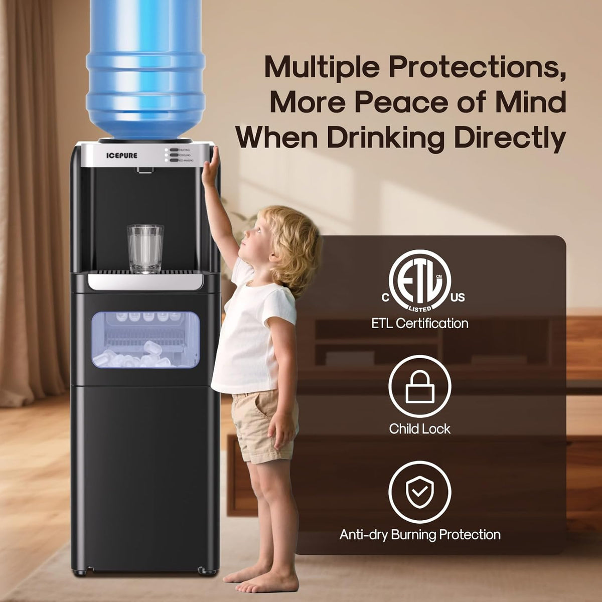 3-in-1 Water Cooler with Ice Maker, Water Dispenser and Ice Machine