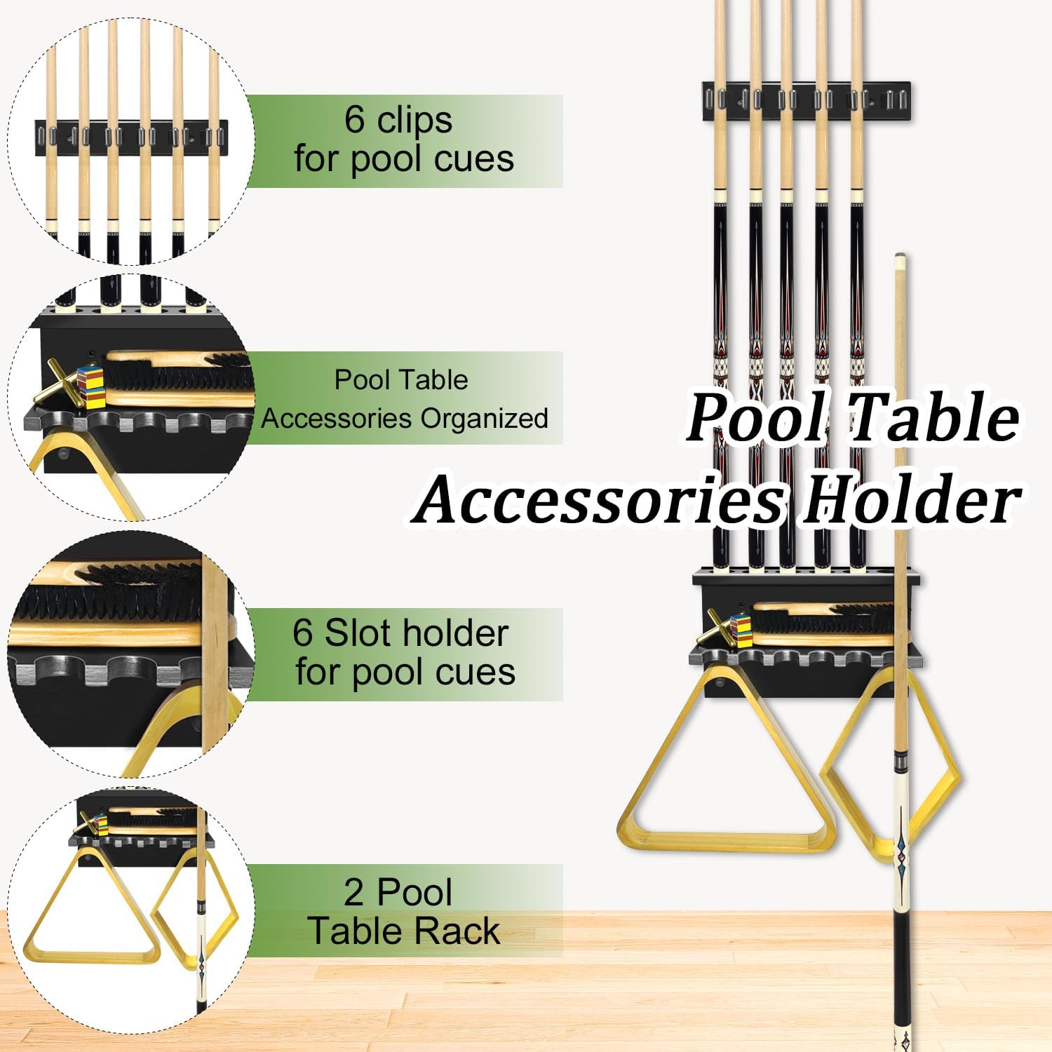 Pool Cue Rack Stick Holder, Billiards Pool Cue Rack Wall Mount Hardwood Pool Cue Set Holder for 6 Cues Sticks Storage