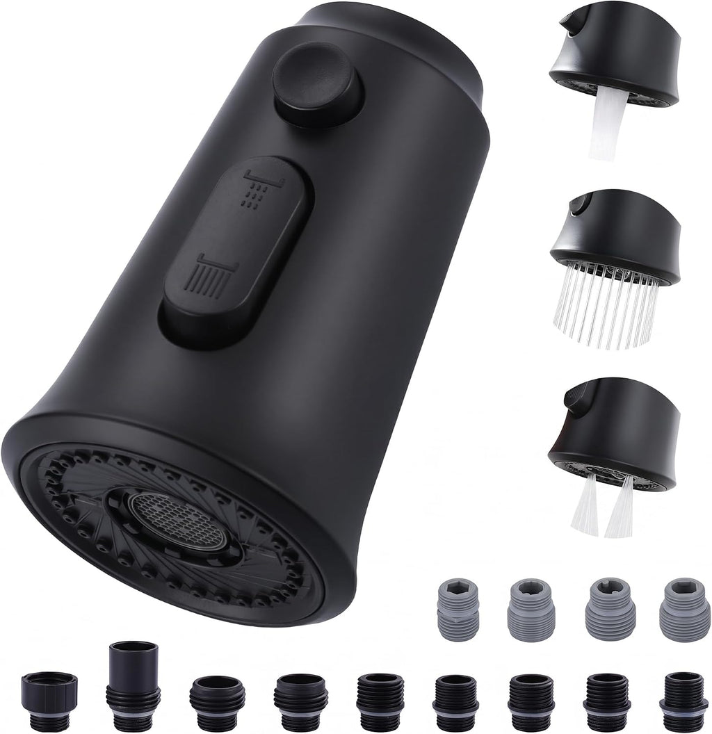 Kitchen Faucet Head Replacement, 3 Function Pull Down Faucet Sprayer Head with 13 Adapters, Matte Black Kitchen