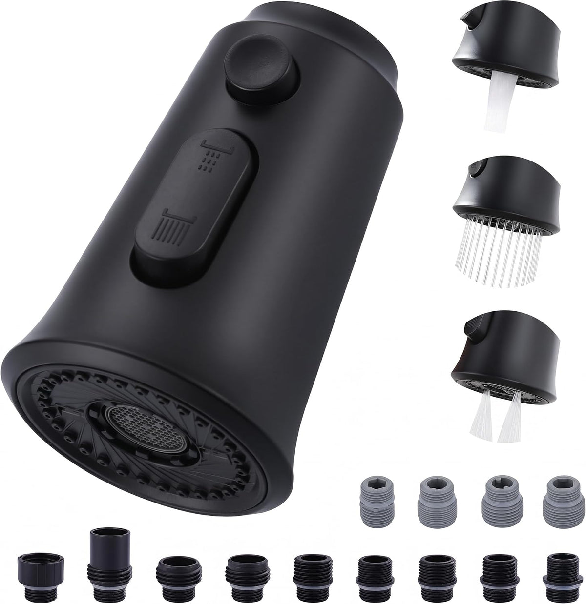 Kitchen Faucet Head Replacement, 3 Function Pull Down Faucet Sprayer Head with 13 Adapters, Matte Black Kitchen