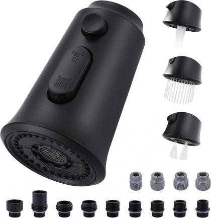 Kitchen Faucet Head Replacement, 3 Function Pull Down Faucet Sprayer Head with 13 Adapters, Matte Black Kitchen