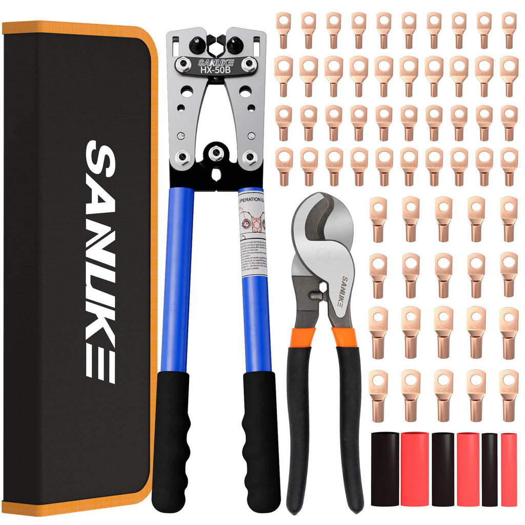 Sanuke Battery Cable Crimper Tool AWG10-1/0, Wire Cutter, 60pcs Copper Lugs