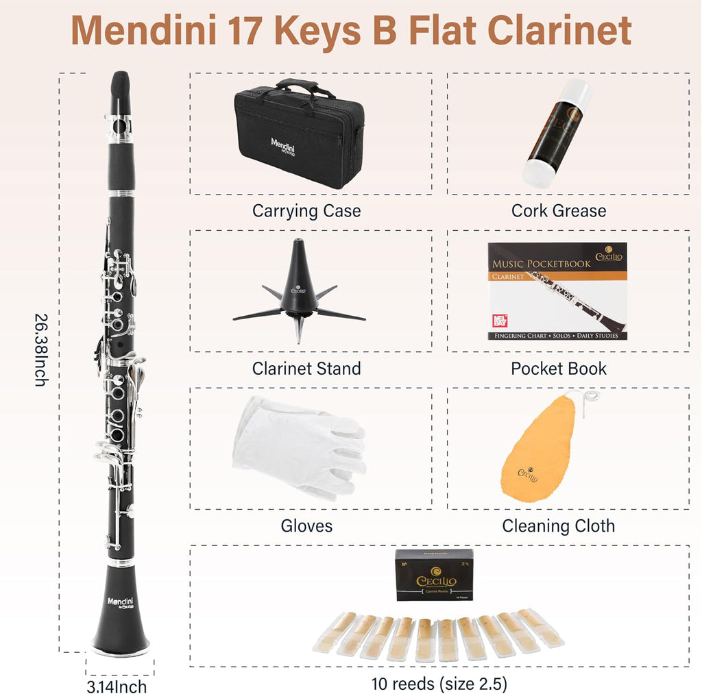 Ebonite Bb Clarinet Kit for Beginner - Black | B Flat Clarinet Kit with 10 Reeds, Mouthpiece, Cork Grease, Hard Case