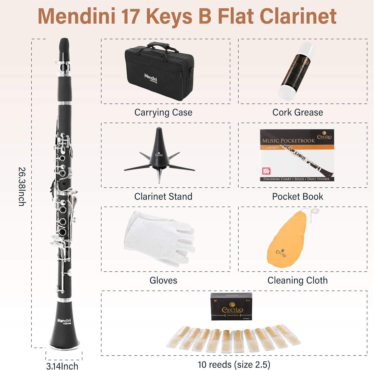 Ebonite Bb Clarinet Kit for Beginner - Black | B Flat Clarinet Kit with 10 Reeds, Mouthpiece, Cork Grease, Hard Case