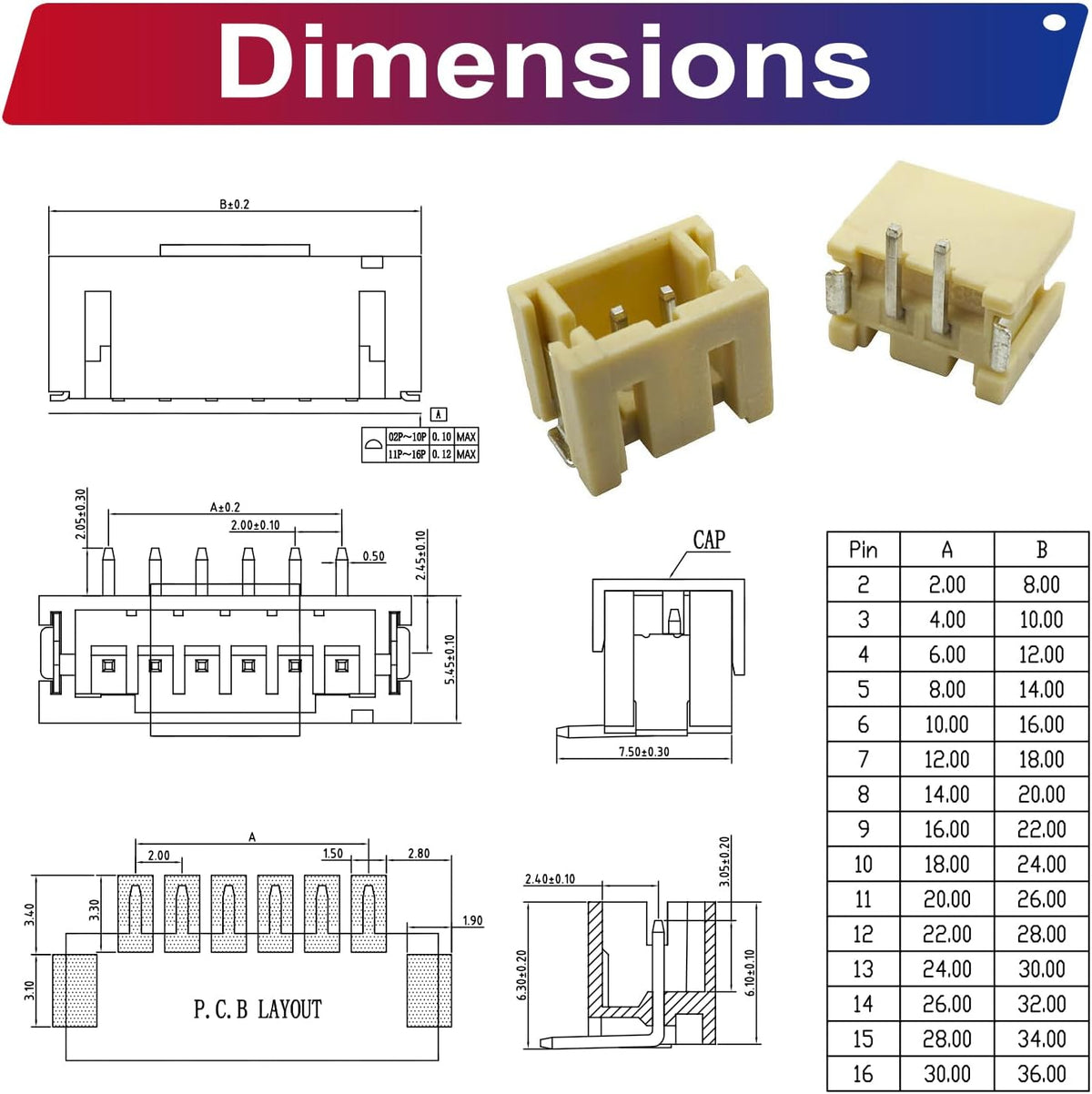JST SMT Connector Socket, JST PH 2.0 2.0MM 2Pin 3Pin 4Pin 5Pin 6Pin 7Pin 8Pin 9Pin 10Pin 12Pin Micro SMD Header PCB Board Surface Mount Mounting Top Type Vertical Header (JTS-PH2.0-SMT-Ver)