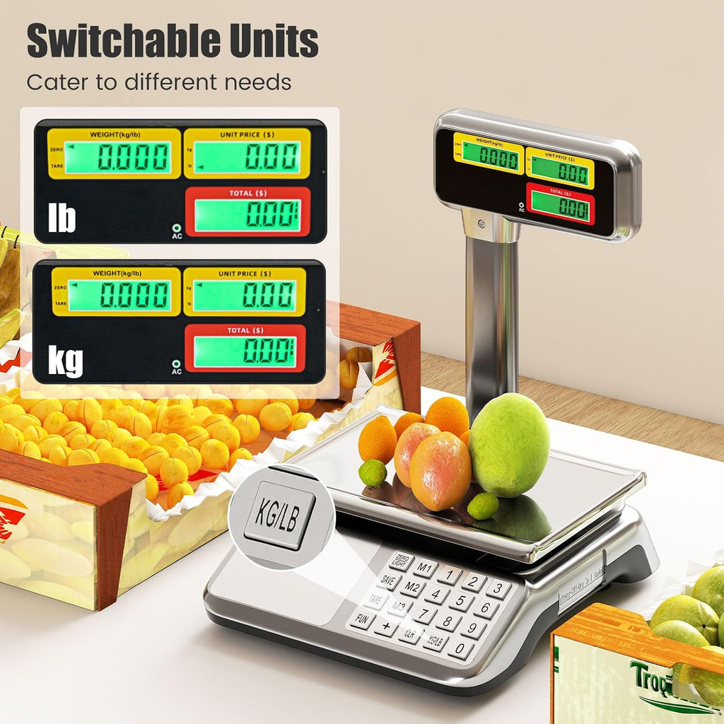 Price Computing Scale with Pole Display, 88 lb Commercial Food Scale with Stainless Steel Platform, Rechargeable