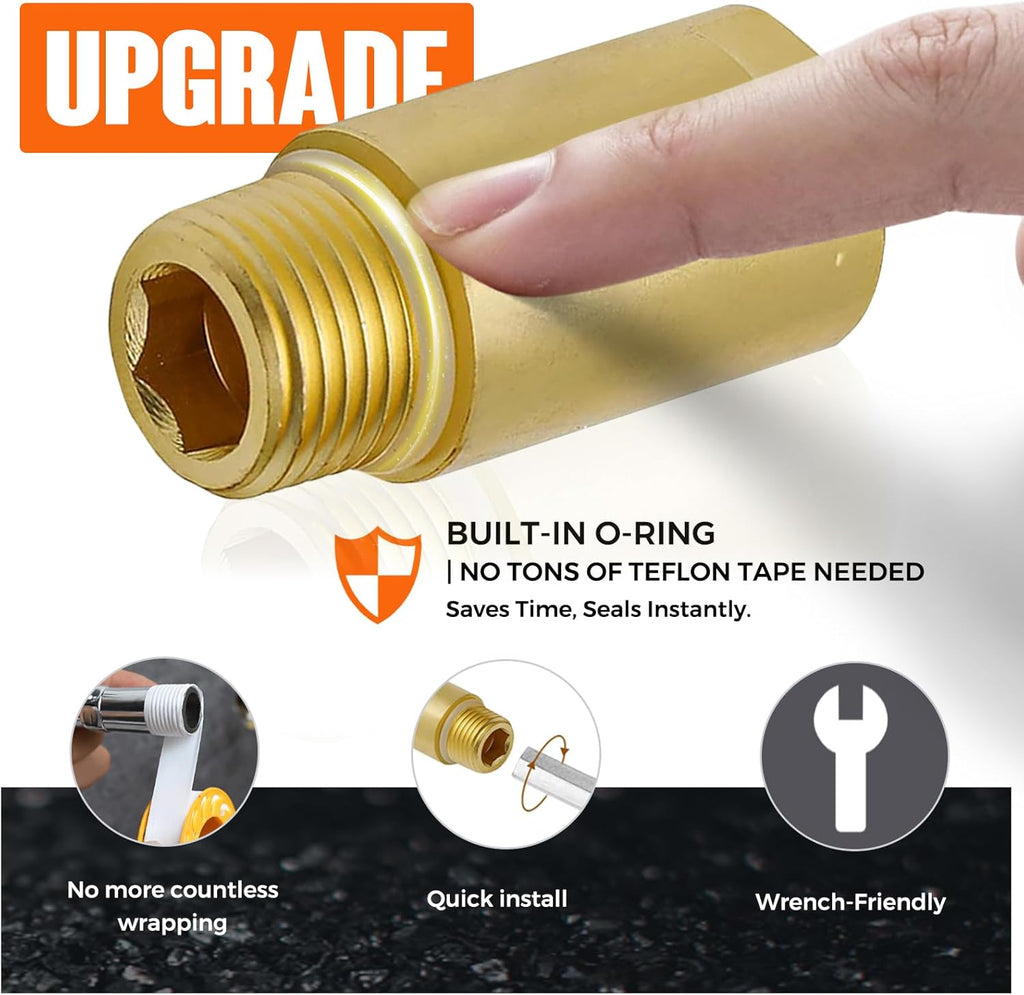 [2-pack] Upgrade Brass Pipe Plumbing Extender Adapter with Rubber O-ring, 1/2" NPT Male x 1/2" NPT Female Pipe