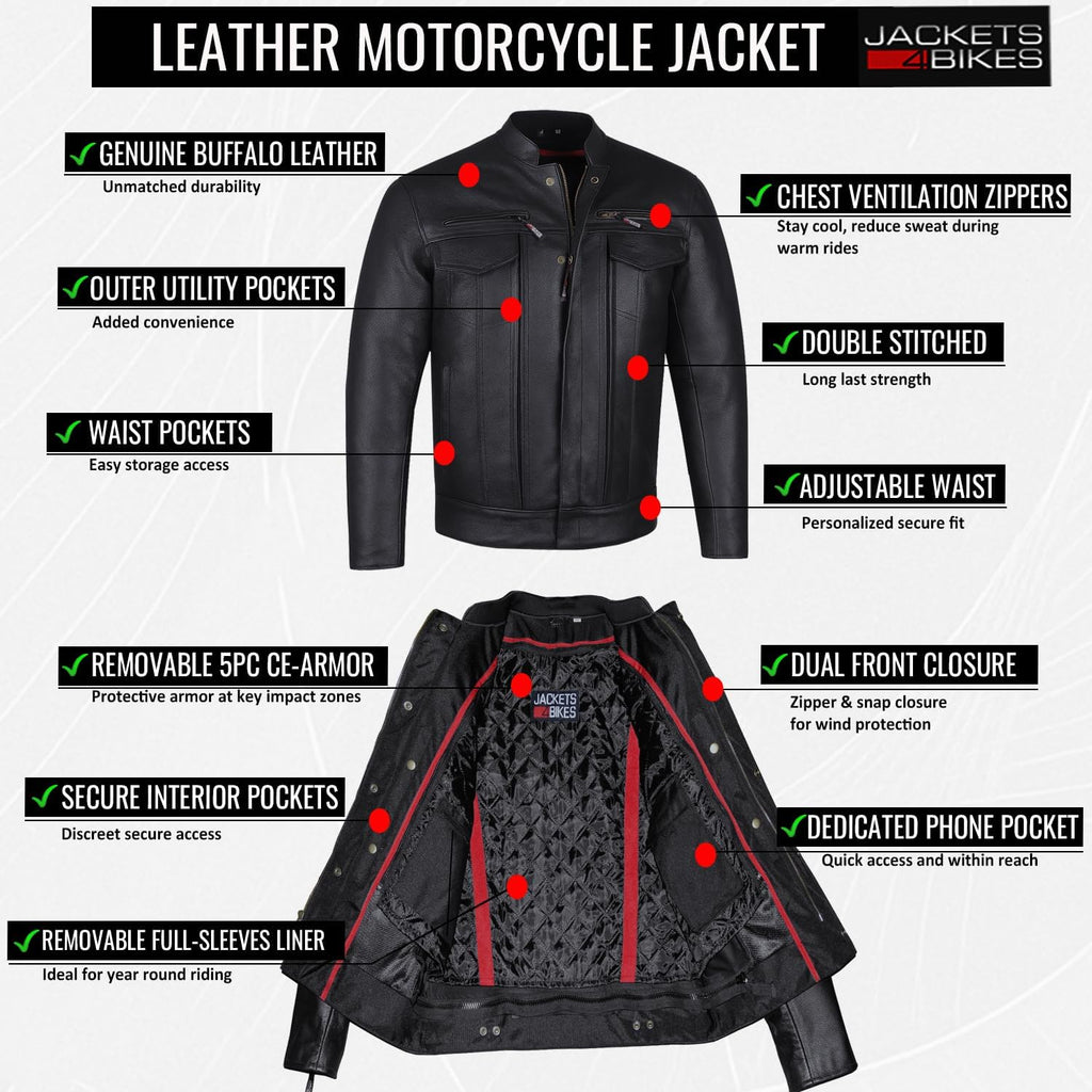 COMMUTER Men's Motorcycle Jacket, Premium Buffalo Leather, CE Armor - Ventilation, Utility Pockets, Cruiser Biker