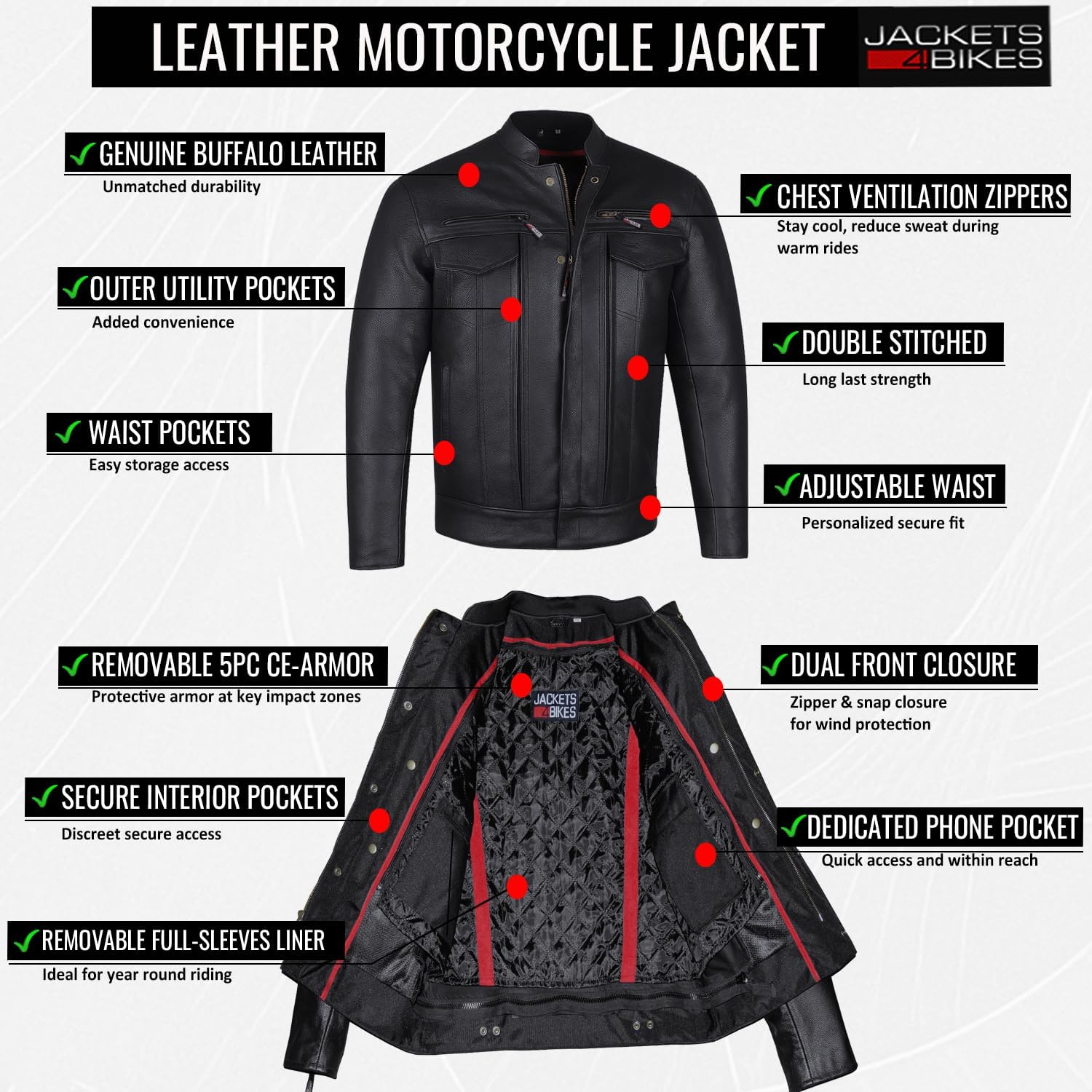 COMMUTER Men's Motorcycle Jacket, Premium Buffalo Leather, CE Armor - Ventilation, Utility Pockets, Cruiser Biker