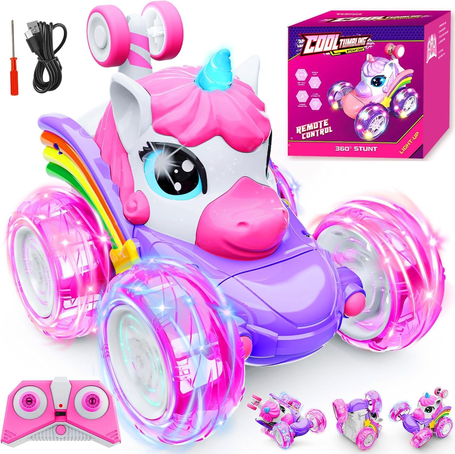 Unicorn Remote Control Car Toys for Girl - 360° Rotating Pink RC Stunt Cars 4WD Remote Cars for Kids, 2.4GHz Toy Car