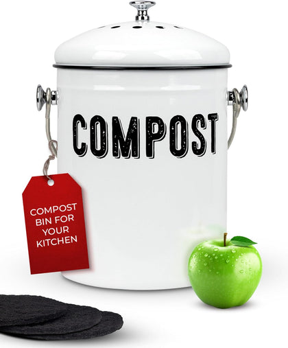 Compost Bin Kitchen Counter, 1.3 Gallon, 3 Charcoal Filters | Countertop Composter Pail with Lid, Stainless Steel