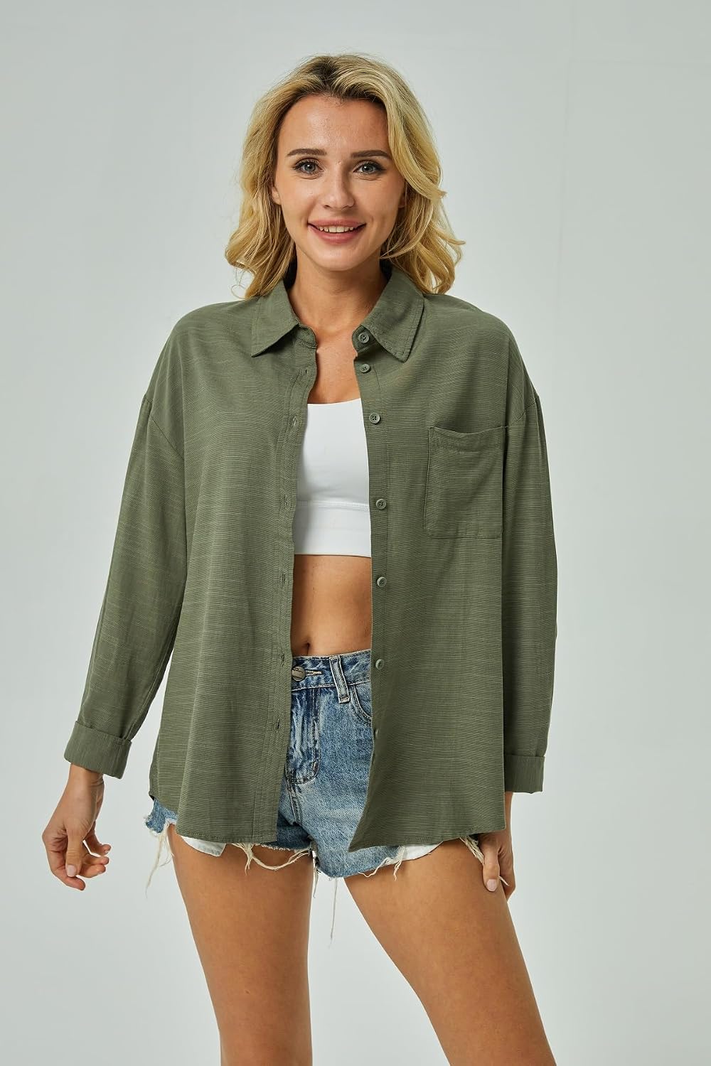 Womens Cotton Button Down Shirt Long Sleeve Casual Blouse with Pocket