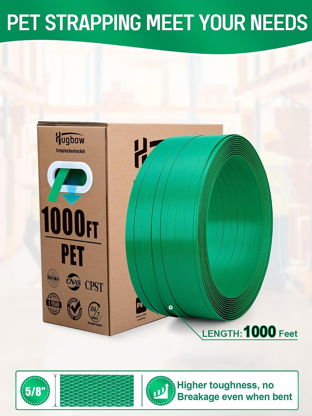 Banding Strapping Kit, Heavy Duty Pallet Packaging Kit with >1500lbs 5/8" x 1000' PET Strapping Roll, 100 Metal