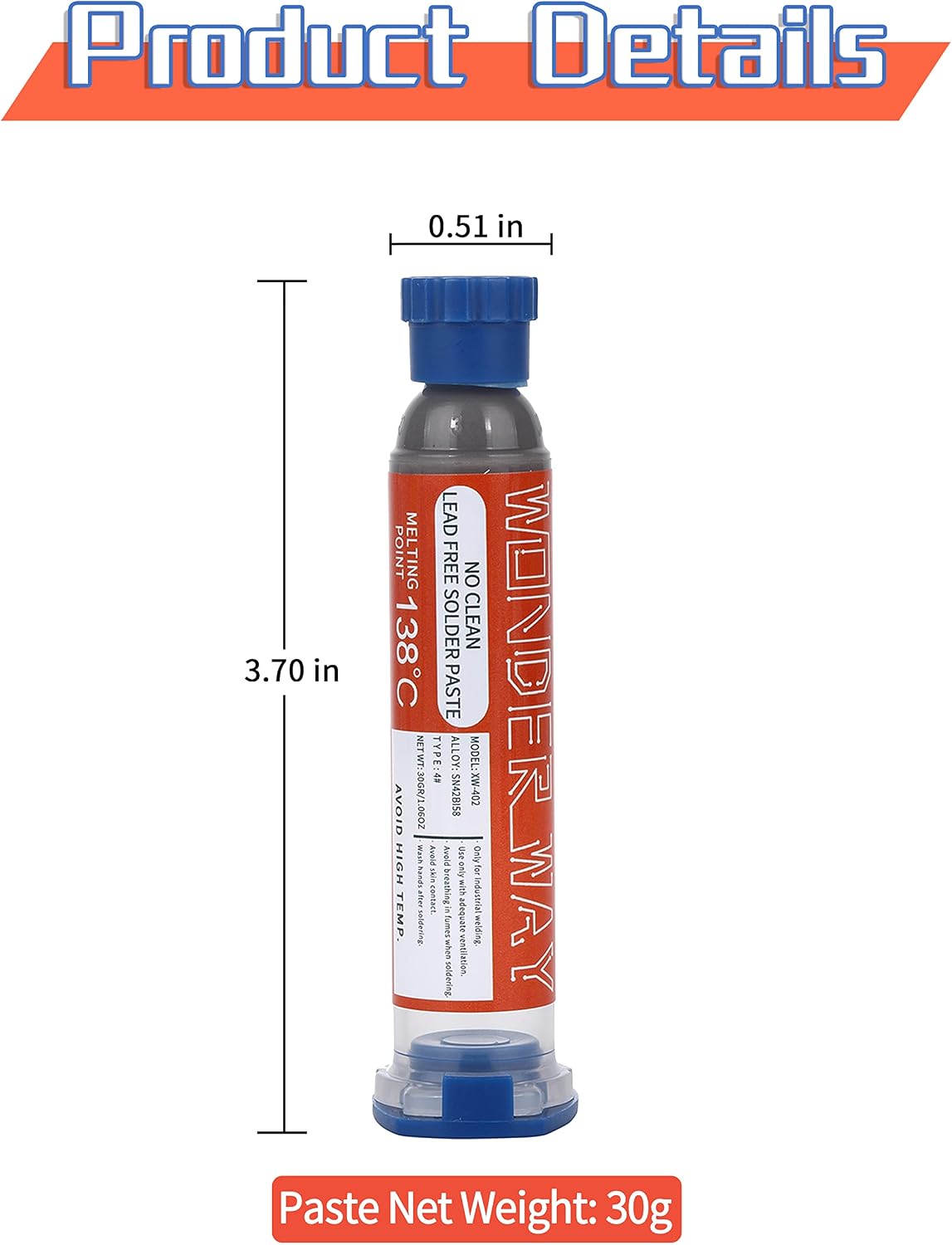 Wonderway Sn42/Bi58 T4 Lead Free Solder Paste No Clean, 138℃ Melting Point (30g)