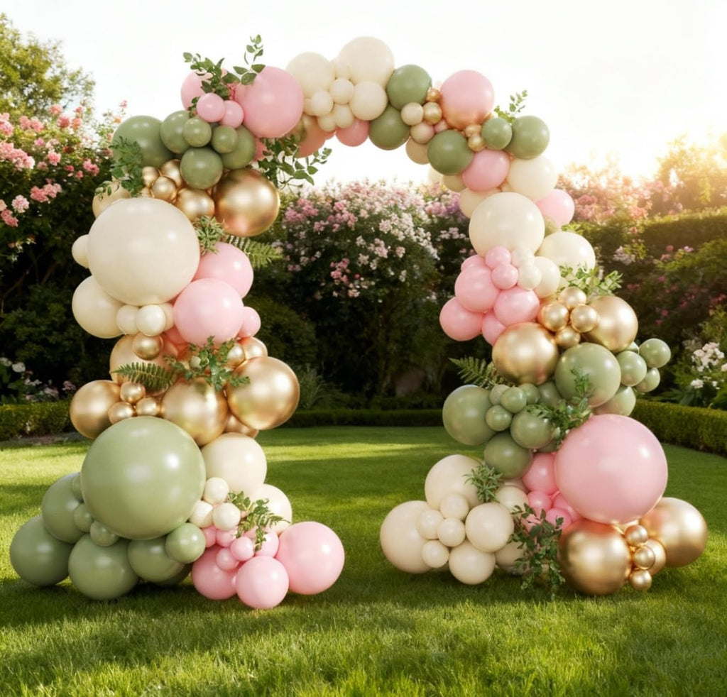 Sage Green Pink Gold Balloon Arch Kit, 128Pcs Sage Green Pastel Pink Light Pink Gold Sand White Balloons for Boho
