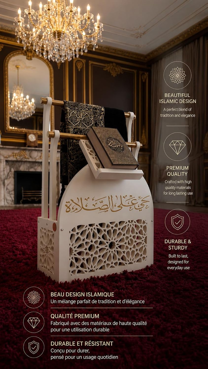 Prayer Mat Holder & Quran Stand – Islamic Storage Organizer for Prayer Rug, Tasbih, Prayer Beads & Quran – Muslim