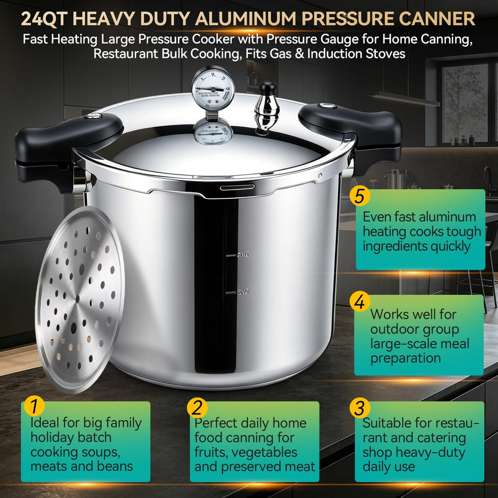 23-24QT Aluminum Pressure Cooker with Pressure Gauge, Heavy-Duty Large Capacity Pressure Canner for Restaurant