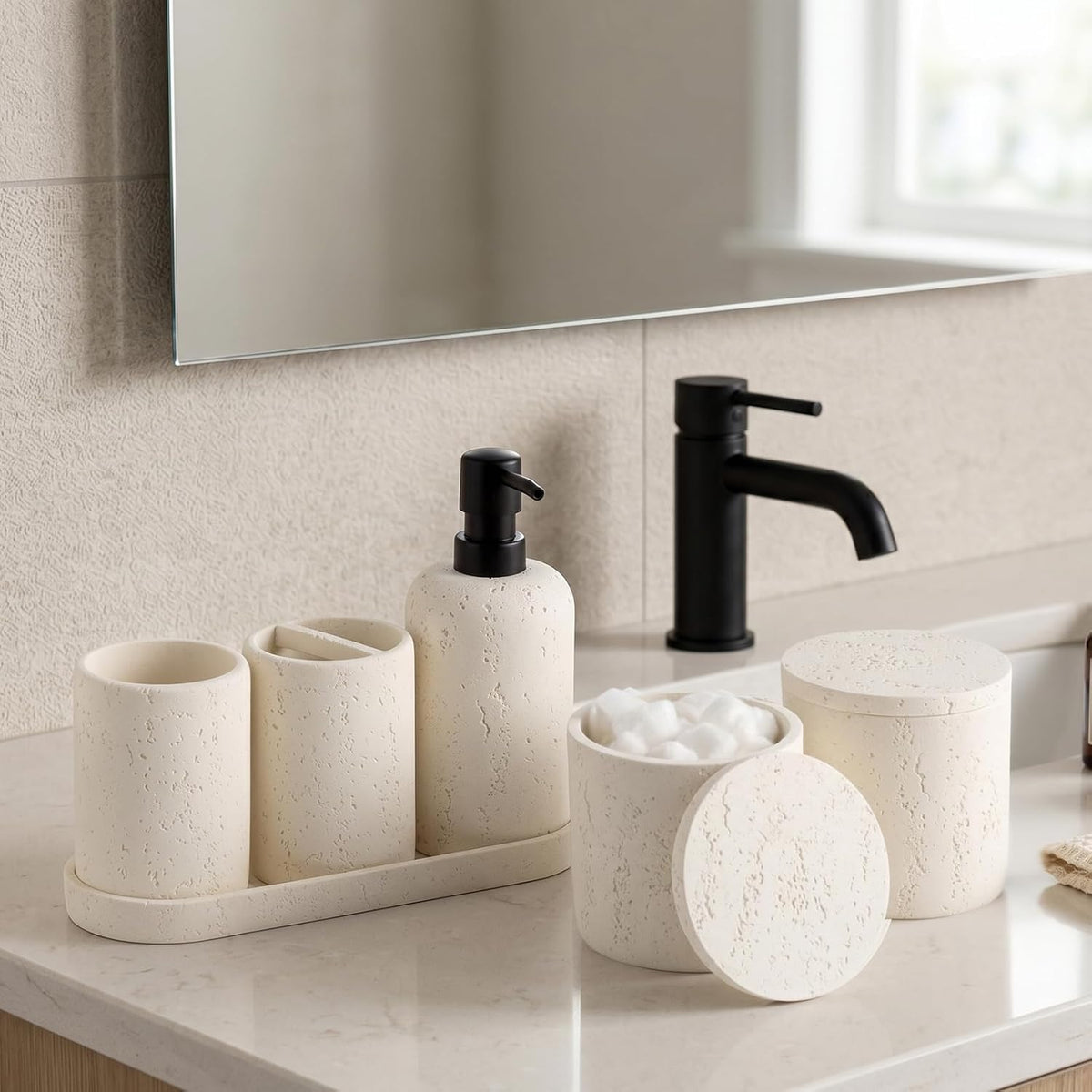 Bathroom Accessories Set,4 PCS Travertine Stone Look Collection,Cream | Modern Bath Organizer with 13.53OZ Soap