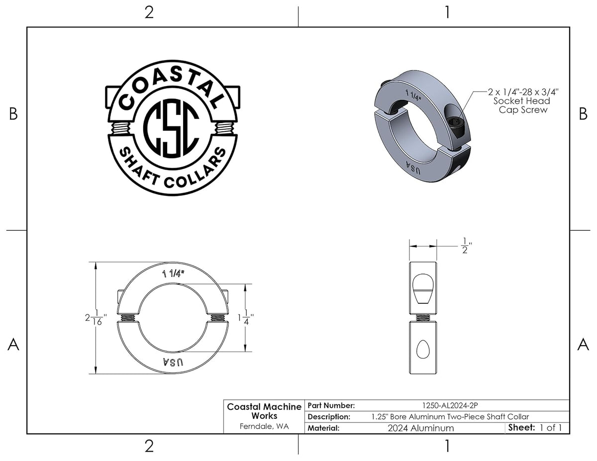 1.25" Bore Diameter - Clamping Two Piece Shaft Collar - 2024 Aluminum (2 Pack)