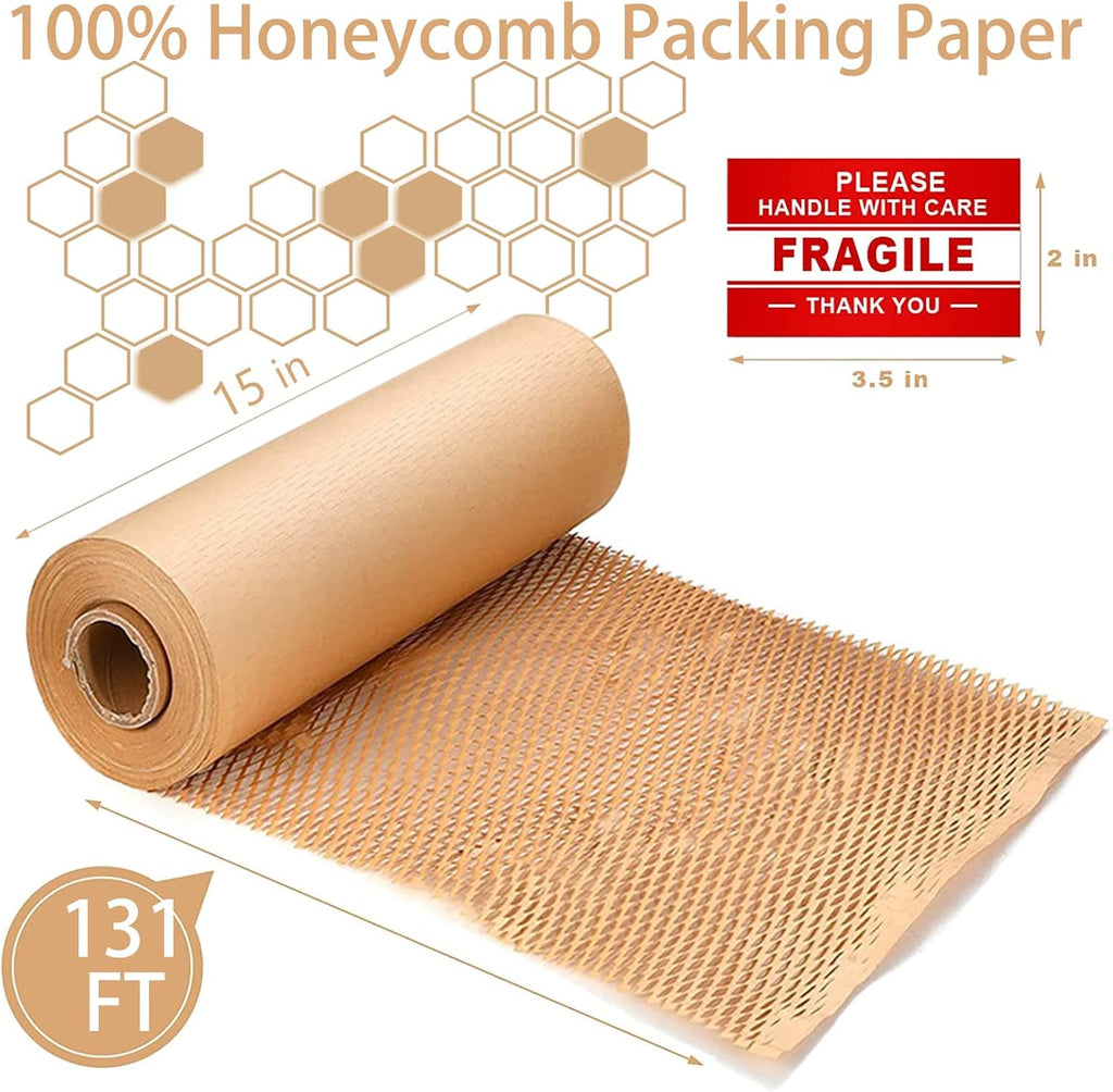Honeycomb Packing Paper Wrap 15"x131' Sustainable Alternative to Bubble Wrap for Moving/shipping/packing Roll with 20