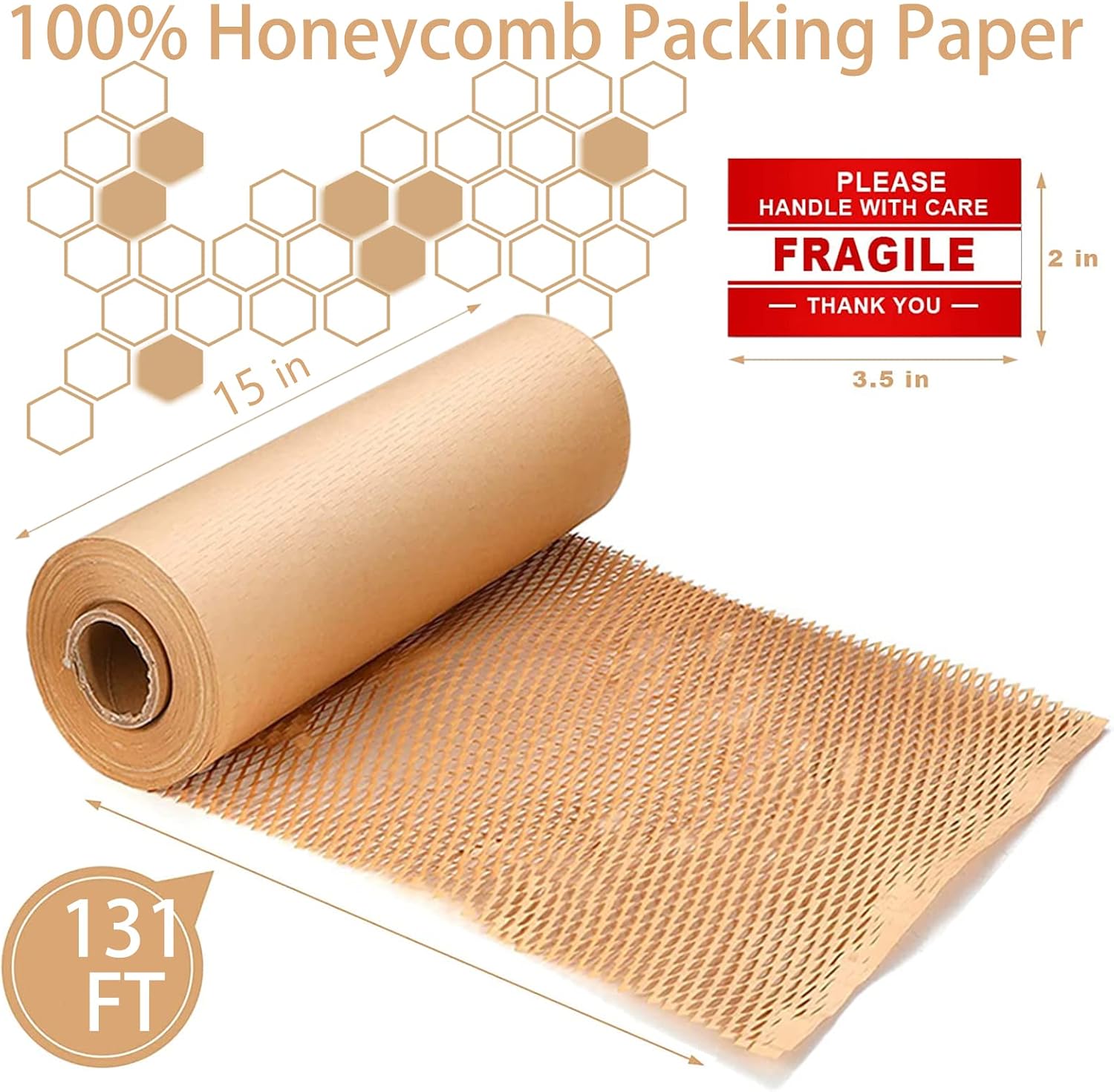 Honeycomb Packing Paper Wrap 15"x131' Sustainable Alternative to Bubble Wrap for Moving/shipping/packing Roll with 20