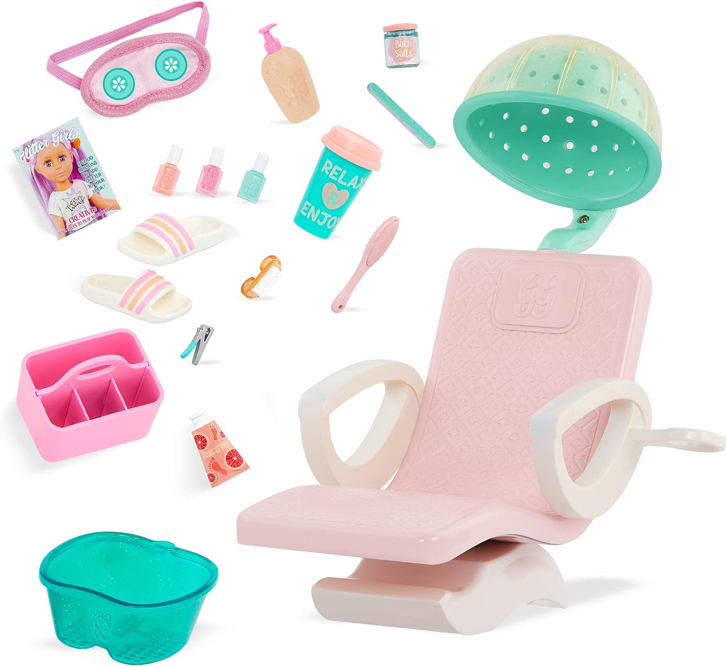 – 14-Inch Doll Accessories – Salon Chair & Styling Playset – Hooded Hair Dryer, Foot Bath, Pretend Nail Polish – 3+