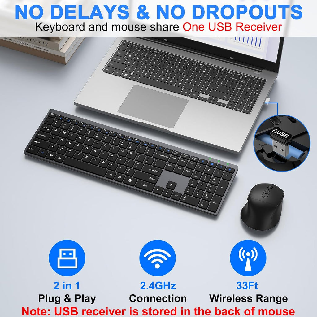 Wireless Keyboard and Mouse Combo, Full Size Silent Ultra Thin Keyboard with Magnetic Wrist Rest, Optical Mouse, 2.4G