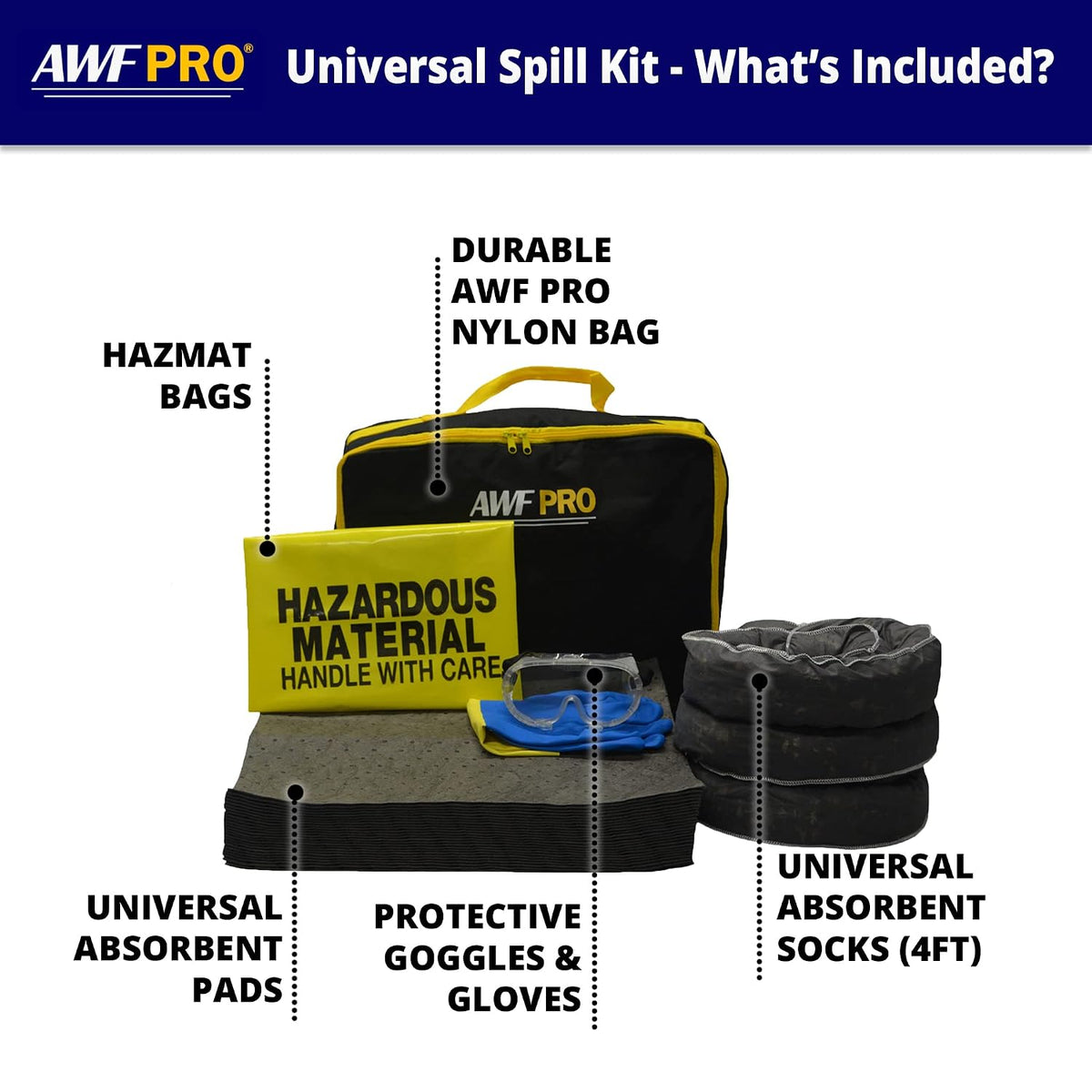AWF PRO Portable Universal Spill Kit, 35 Pieces
