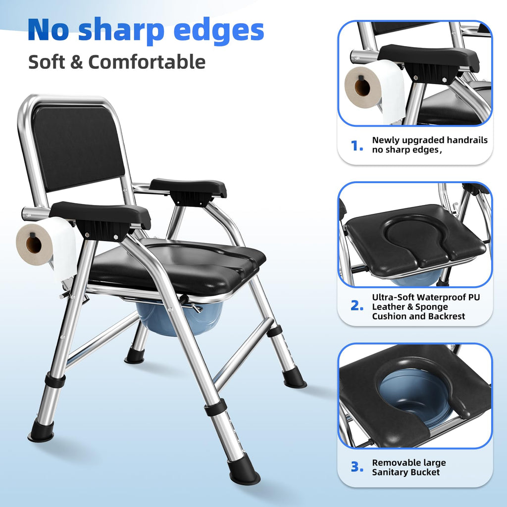 4 in 1 Folding Bedside Commode Chair for Elderly, Padded Seat & Backrest