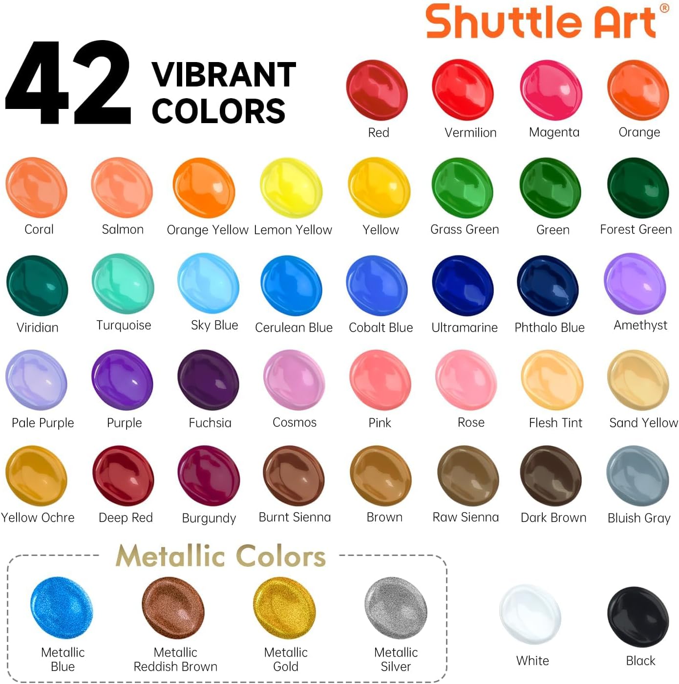 Acrylic Paint, 42 Colors Acrylic Paint Set with 12 Brushes, 2oz/60ml Bottles, Rich Pigmented, Water Proof, Premium