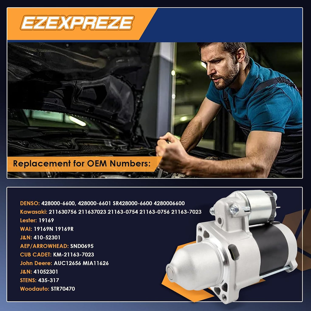 Ezexpreze 19169 New Starter Motor Replacement for Kawasaki FX730V FX691V FX600V FX651V FX541V FX481V, John Deere 636M 652R 648R Z445 Z920A WHP52A WH48A, OE# 428000-6600 21163-0756 21163-0754