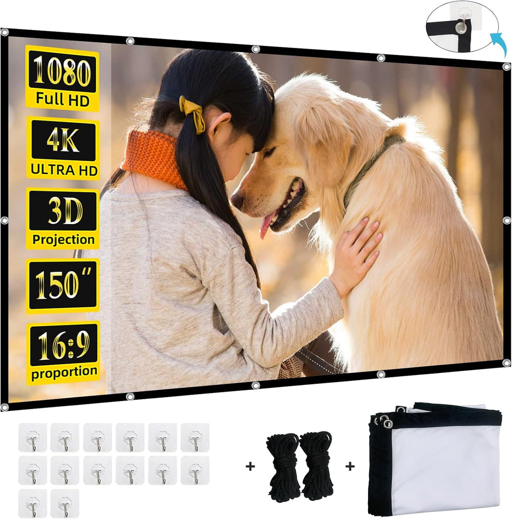 Projector Screen,XINLEMY 150-inch Projection Screen 4K 16:9 HD Foldable Portable Movie Screen Outdoor Indoor