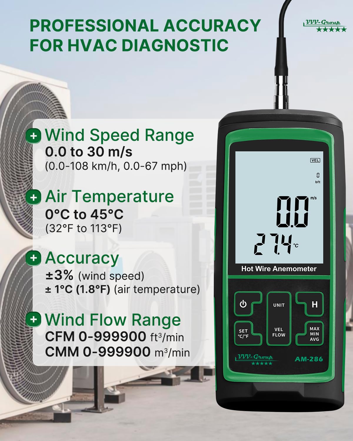 Hot Wire Anemometer AM-286, CFM/CMM HVAC Airflow Meter, 2m Telescopic Probe