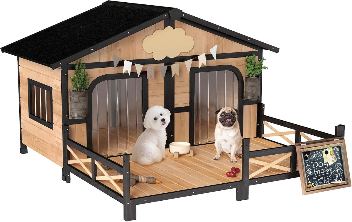 Dog House Outdoor, Wooden Dog Kennel Weatherproof with Porch, Openable Roof, Removable Bottom, Elevated Floor, Double