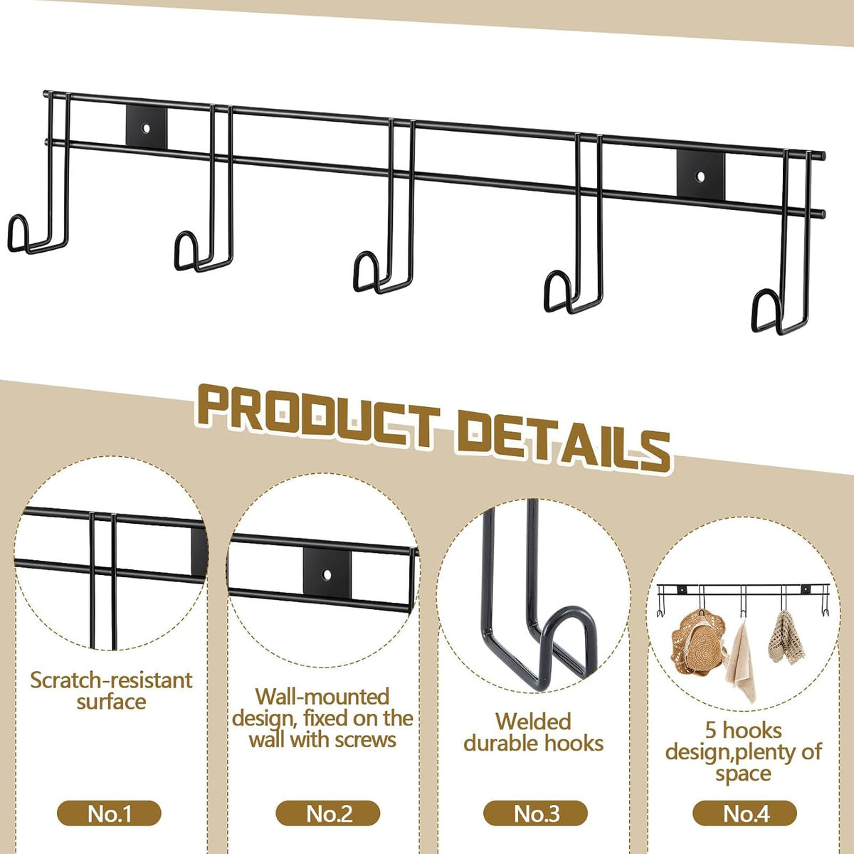 5 Hook 2 Pcs Bridle Hooks Tack Room Metal Wall Hangers Rack, Black