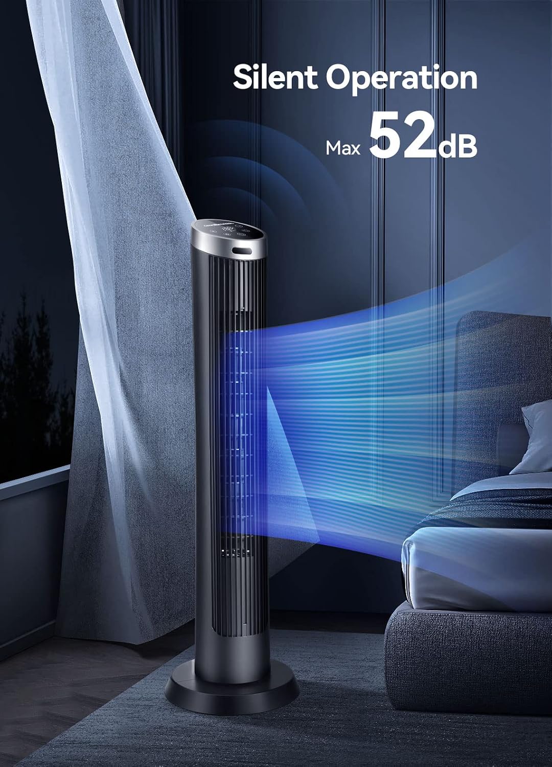 Digital Electric Tower Fan, with Remote Control, LED Display, Standing Bladeless Floor Fans Cooling and Quite Indoor
