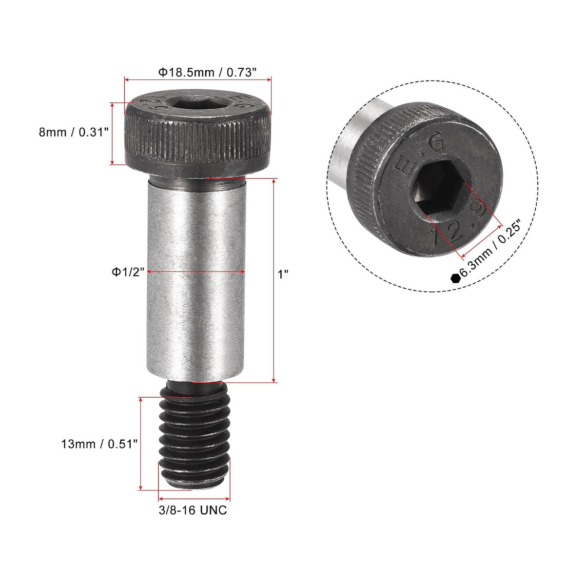 uxcell Alloy Steel Hexagon Socket Head Shoulder Screws Bolts, 1" Shoulder Length, 1/2" Shoulder Dia, 3/8-16 Thread, 2pcs