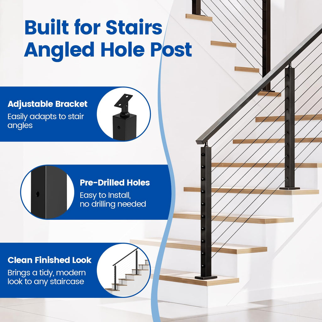 36" Black Cable Railing Post Surface Mount Angle Drilled PS01 BA4S