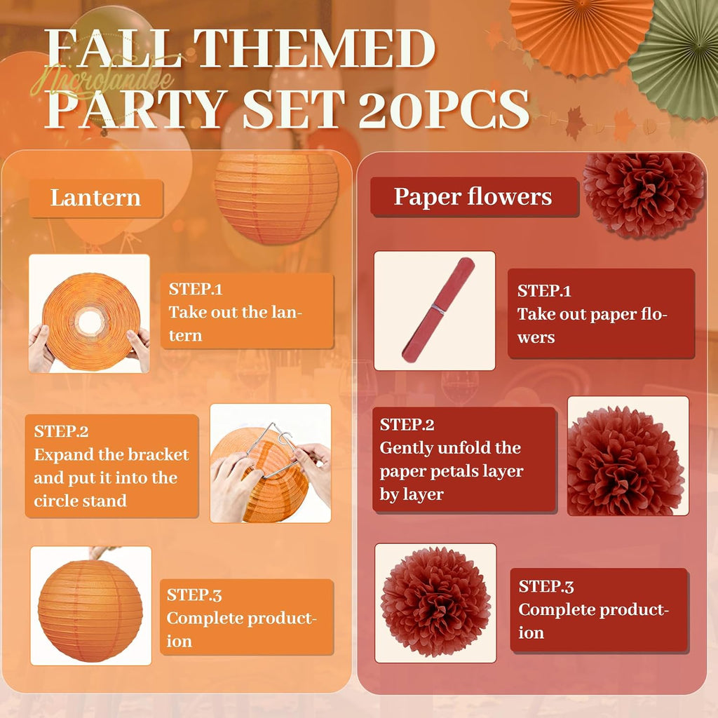 Fall Thanksgiving Decorations 20 PCS Maple Leaf Orange Decor | Tissue Pom Poms Paper Fans Lanterns Garland for