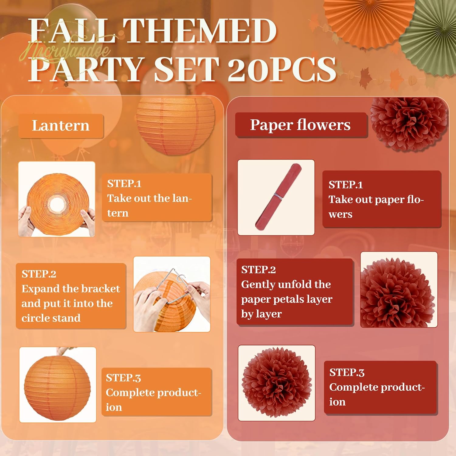 Fall Thanksgiving Decorations 20 PCS Maple Leaf Orange Decor | Tissue Pom Poms Paper Fans Lanterns Garland for