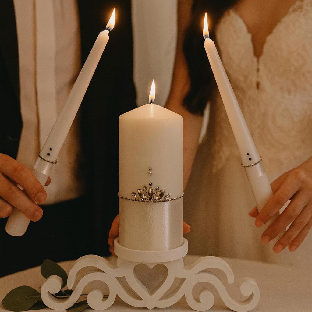 Crystal Satin Unity Candle Set for Wedding Ceremony Personalized Look, White 6" Pillar & 2 Taper 10" Marriage