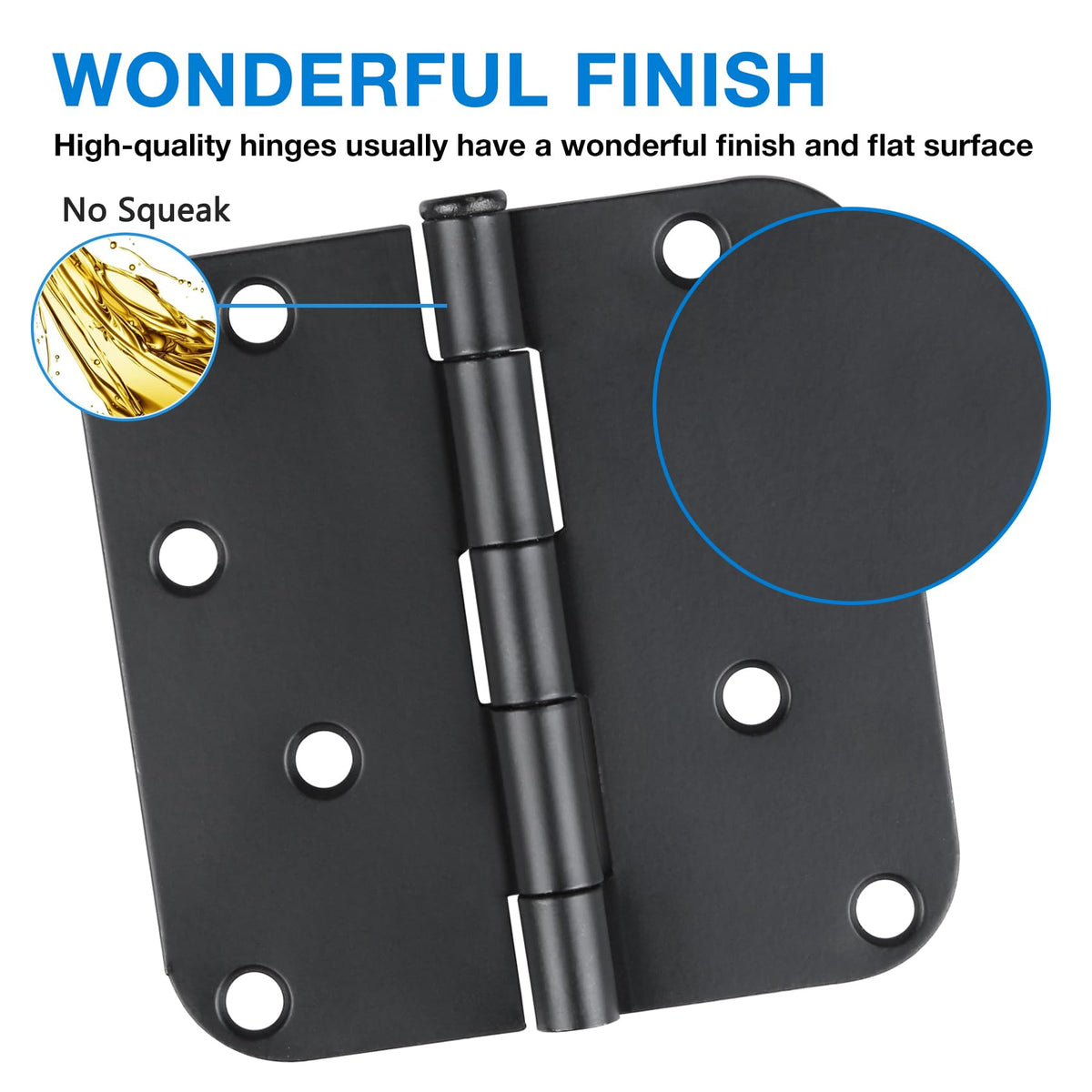 3 Pack Black Door Hinges 4 Inch x 4 Inch with 5/8" Radius Corners
